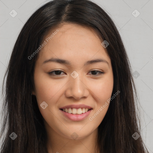 Joyful white young-adult female with long  brown hair and brown eyes