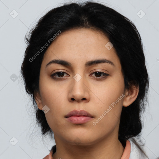 Neutral asian young-adult female with long  black hair and brown eyes