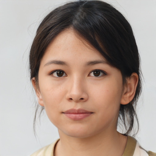 Neutral asian young-adult female with medium  brown hair and brown eyes