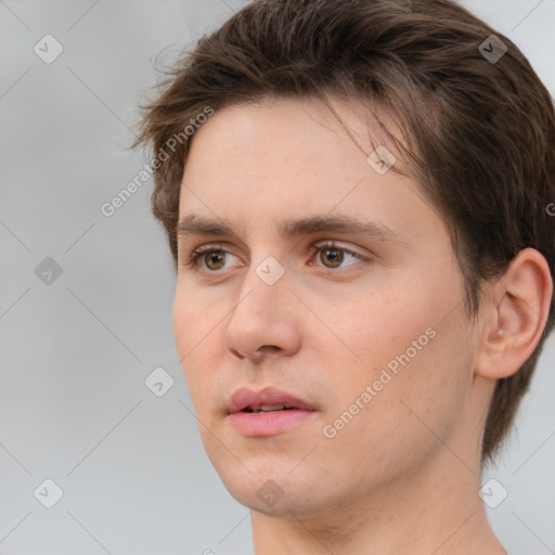 Neutral white young-adult male with short  brown hair and brown eyes