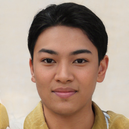 Joyful asian young-adult female with short  black hair and brown eyes