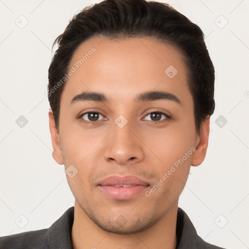 Neutral latino young-adult male with short  black hair and brown eyes