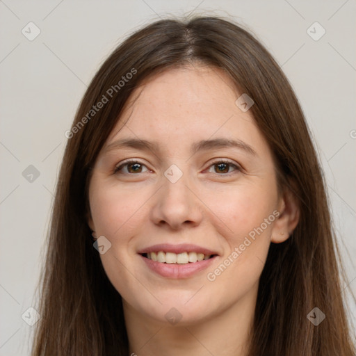 Joyful white young-adult female with long  brown hair and grey eyes