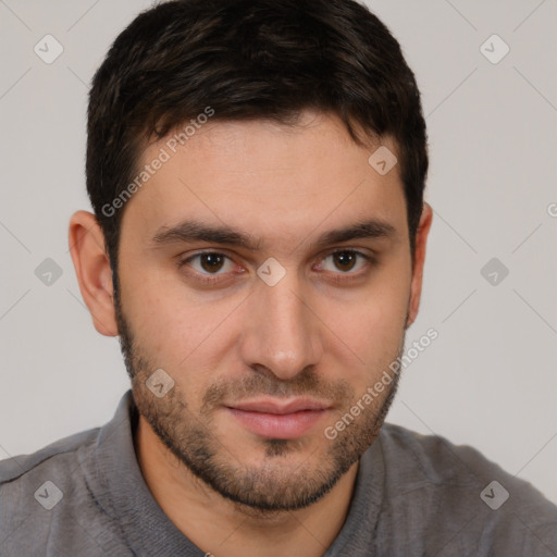 Neutral white young-adult male with short  brown hair and brown eyes