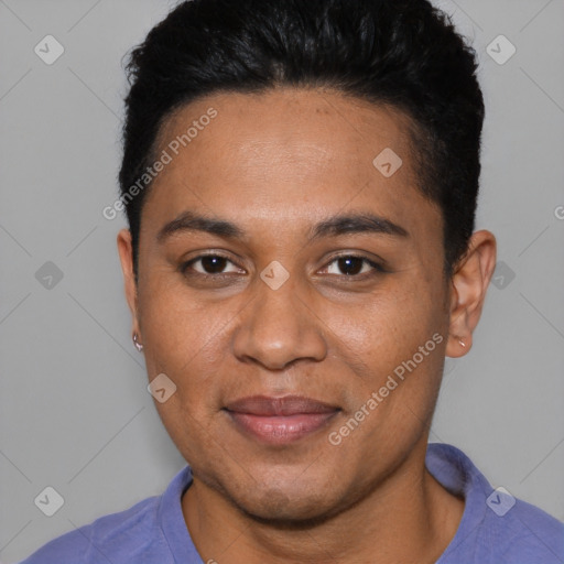 Joyful black young-adult male with short  brown hair and brown eyes