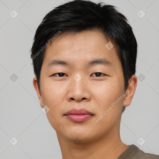 Neutral asian young-adult male with short  black hair and brown eyes