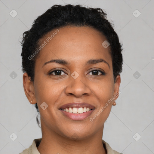 Joyful latino young-adult female with short  brown hair and brown eyes