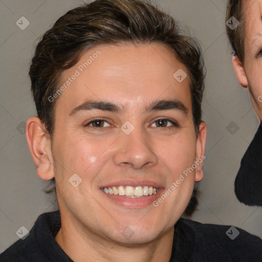 Joyful white young-adult male with medium  brown hair and brown eyes