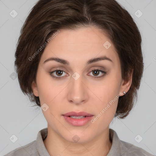 Neutral white young-adult female with medium  brown hair and brown eyes