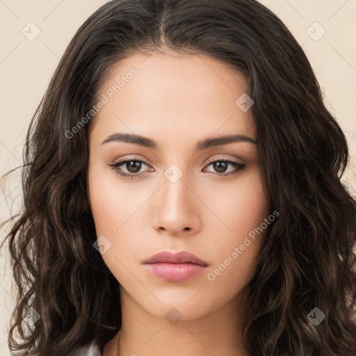 Neutral white young-adult female with long  brown hair and brown eyes