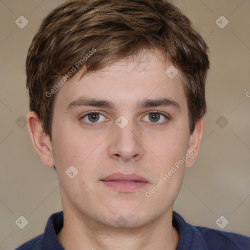 Neutral white young-adult male with short  brown hair and grey eyes