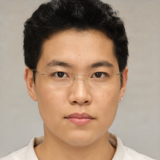 Neutral asian young-adult male with short  black hair and brown eyes