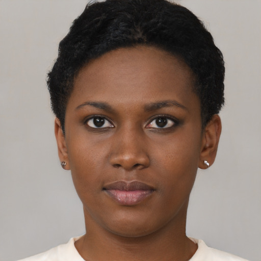 Neutral black young-adult female with short  brown hair and brown eyes