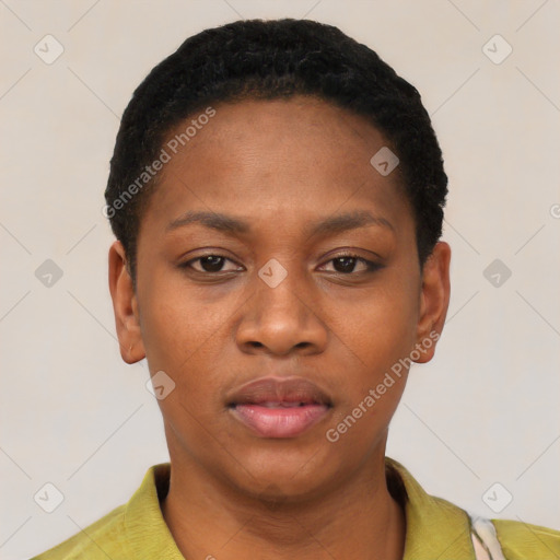 Neutral black young-adult female with short  black hair and brown eyes