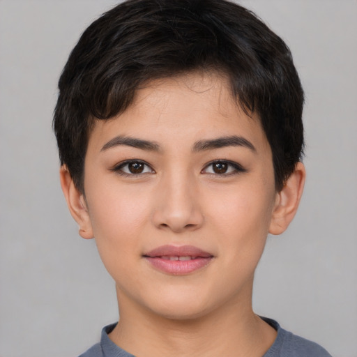 Joyful asian young-adult female with short  black hair and brown eyes