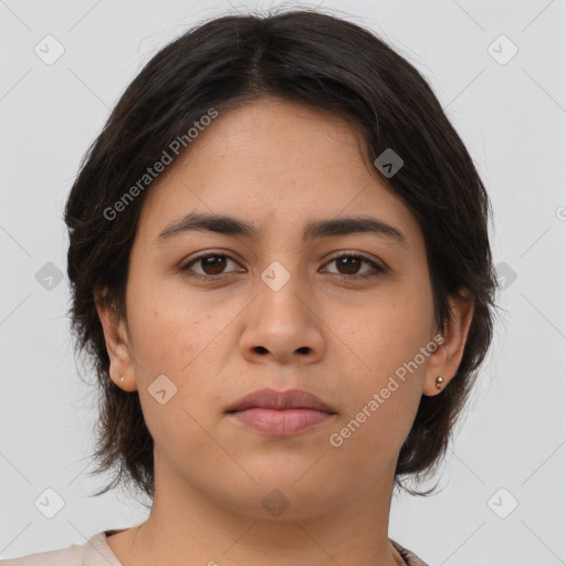 Neutral asian young-adult female with medium  brown hair and brown eyes