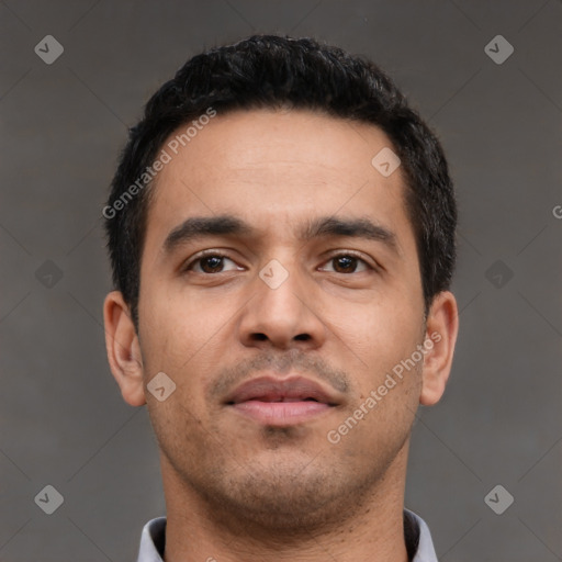 Neutral latino young-adult male with short  black hair and brown eyes