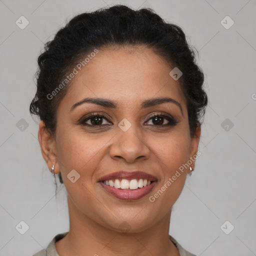 Joyful latino young-adult female with short  brown hair and brown eyes