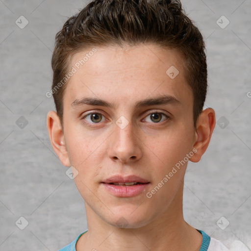 Neutral white young-adult male with short  brown hair and brown eyes