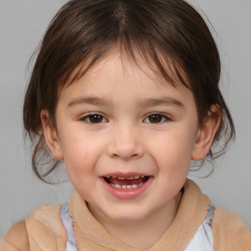 Joyful white child female with medium  brown hair and brown eyes