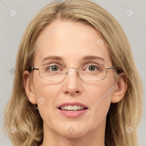 Joyful white adult female with long  brown hair and blue eyes