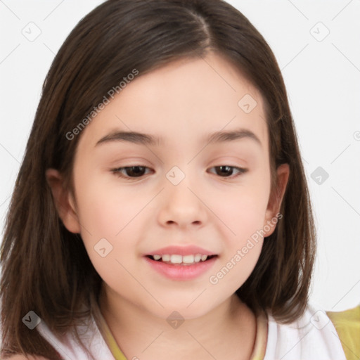 Joyful white child female with medium  brown hair and brown eyes