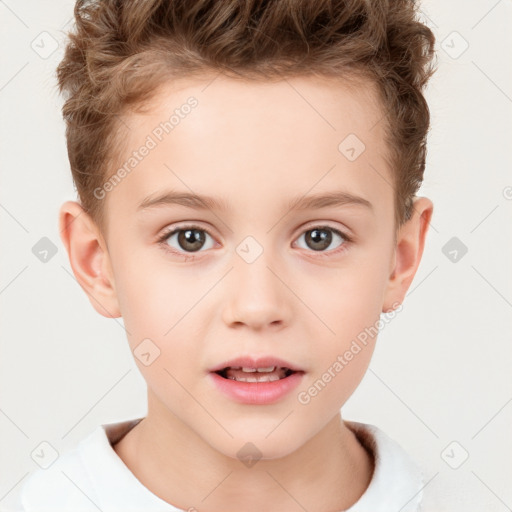 Joyful white child female with short  brown hair and brown eyes