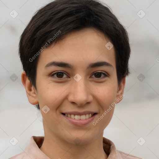 Joyful white young-adult female with short  brown hair and brown eyes