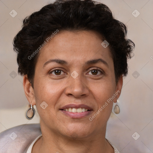 Joyful white adult female with short  brown hair and brown eyes