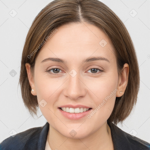 Joyful white young-adult female with medium  brown hair and grey eyes