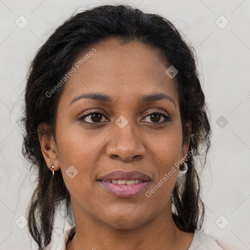 Joyful black young-adult female with medium  brown hair and brown eyes