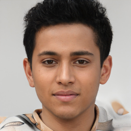 Neutral latino young-adult male with short  brown hair and brown eyes