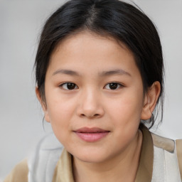 Joyful white child female with medium  brown hair and brown eyes