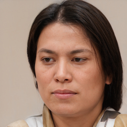 Neutral white adult female with medium  brown hair and brown eyes