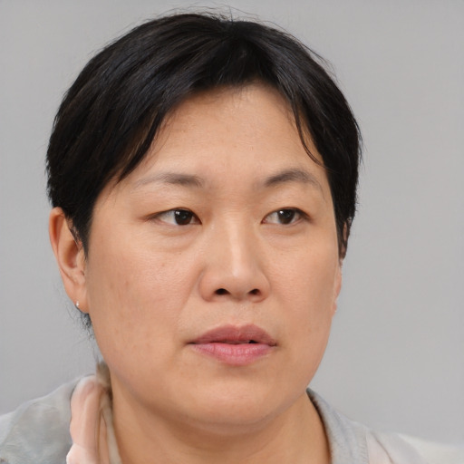 Neutral asian adult female with short  brown hair and brown eyes