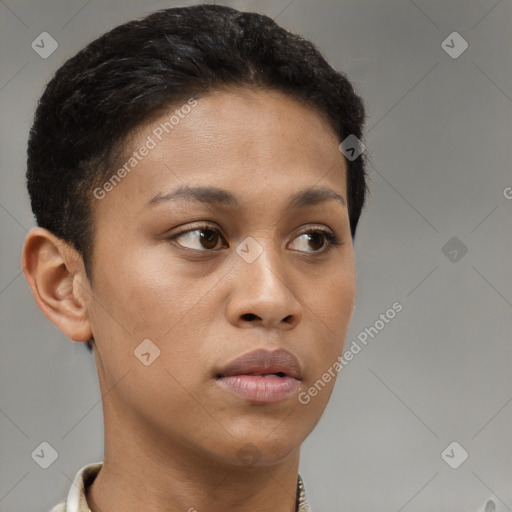 Neutral white young-adult female with short  brown hair and brown eyes
