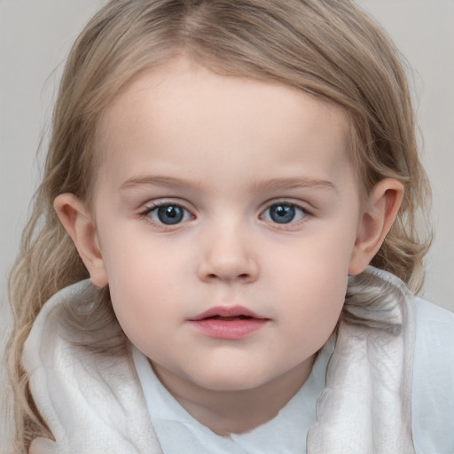 Neutral white child female with medium  brown hair and blue eyes