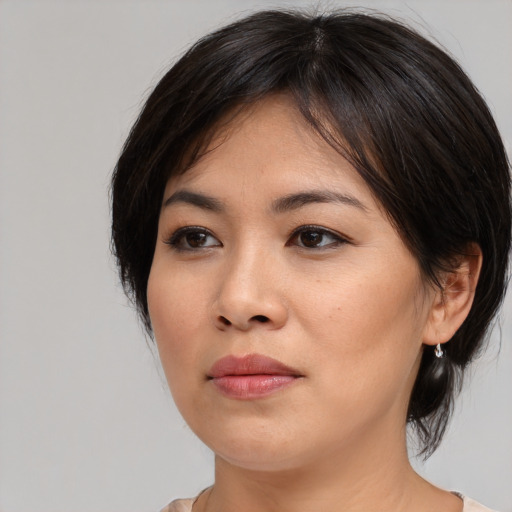 Neutral asian young-adult female with medium  brown hair and brown eyes
