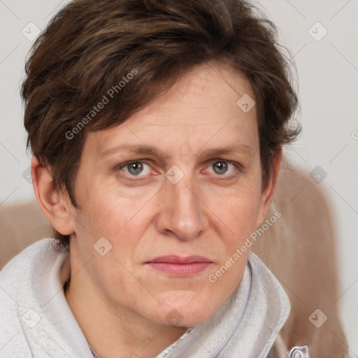 Joyful white adult female with short  brown hair and grey eyes