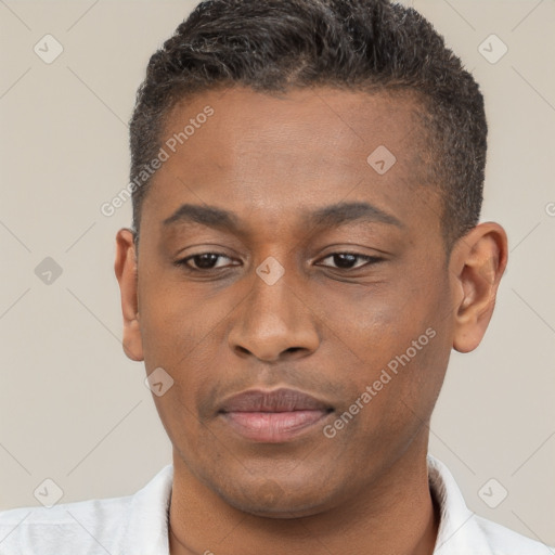 Joyful black young-adult male with short  brown hair and brown eyes