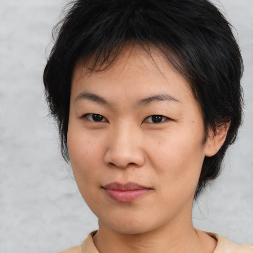 Neutral asian young-adult female with medium  brown hair and brown eyes