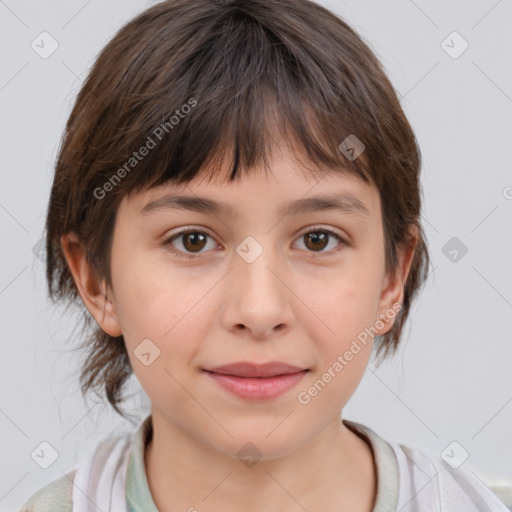 Joyful white child female with medium  brown hair and brown eyes