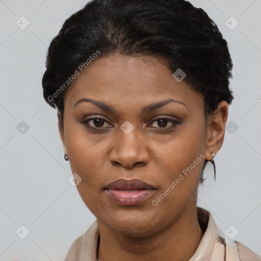 Joyful black adult female with short  brown hair and brown eyes