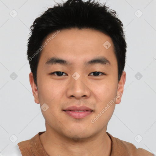 Neutral asian young-adult male with short  brown hair and brown eyes