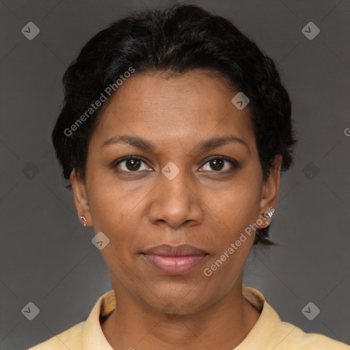Joyful black adult female with short  brown hair and brown eyes