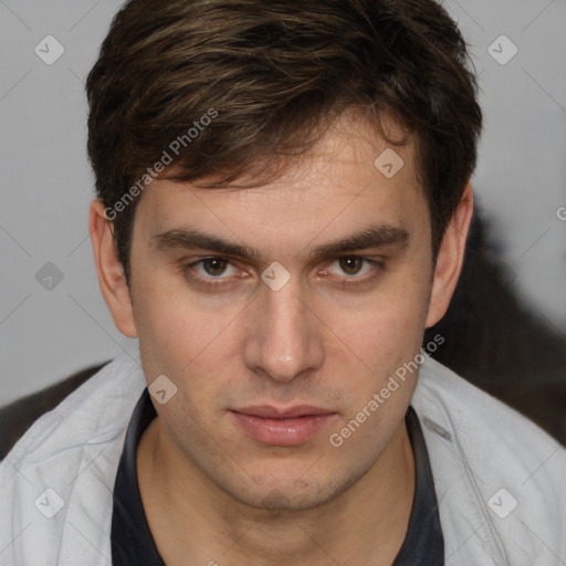 Neutral white young-adult male with short  brown hair and brown eyes