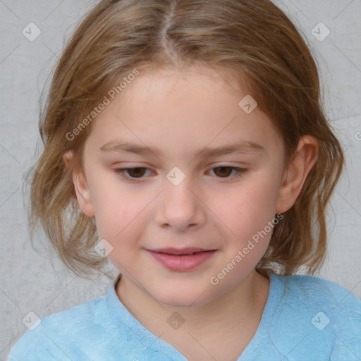 Joyful white child female with medium  brown hair and blue eyes