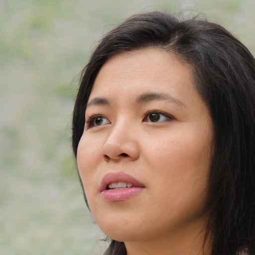 Joyful asian young-adult female with long  black hair and brown eyes