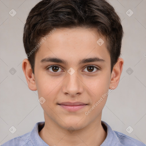 Joyful white child male with short  brown hair and brown eyes