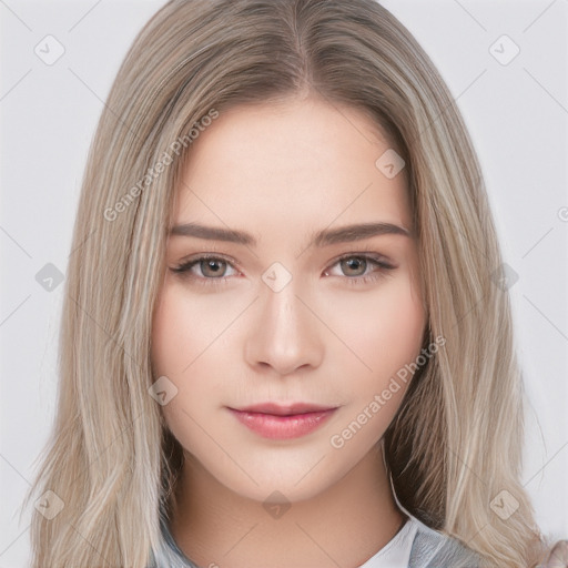 Neutral white young-adult female with long  brown hair and brown eyes